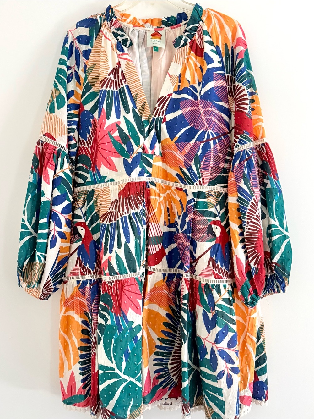 FARM Rio Multicolor Tropical Print Long Sleeve Tiered Dress